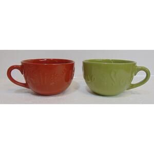 Soup Bowls With Handles KIC Stoneware Chili Green Brown 5" Embossed Letters VTG